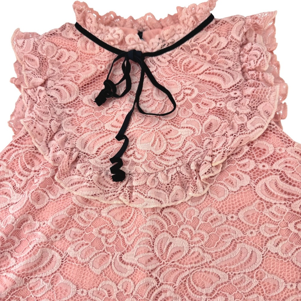 COQUETTE Pretty on the Outside Women L Pink Lace Ruffle Blouse Velvet Tie